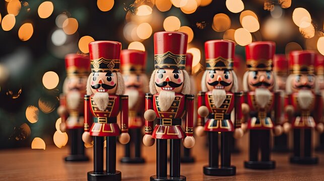  a group of nutcrackers sitting on top of a wooden table next to a christmas tree with lights in the backgrouveil of a blurry background.  generative ai