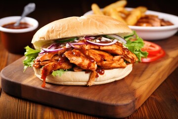 barbecued chicken sandwich on a wooden plank