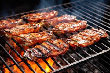 barbecued oysters on metal grill with smoke rising
