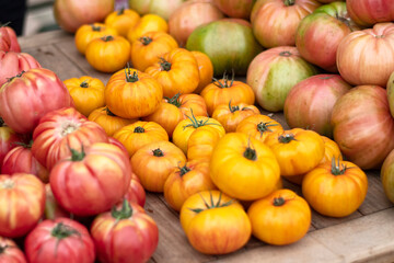 red and yellow tomatoes in a market