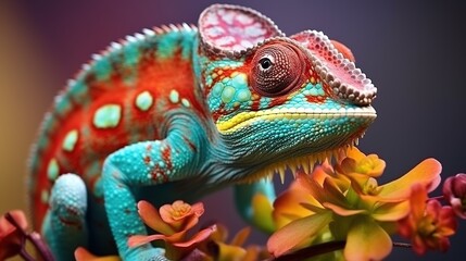 Close-up of a colorful chameleon on a plant.