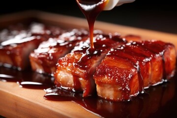 close-up of pork belly being brushed with bbq sauce