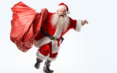 Santa Claus pulling huge bag full of christmas presents isolated on white background. Caucasian male model in traditional costume. New Year 2023, gifts, holidays, winter mood. Copyspace for your ad - obrazy, fototapety, plakaty