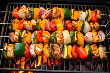 overhead view of shrimp skewers on a fiery bbq grill