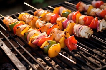 shrimp skewers prepared on an open-air barbecue
