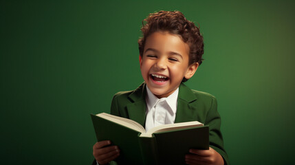 Little happy kid reading a book