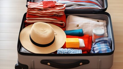 Open suitcase with clothes and suncream on wooden floor, closeup