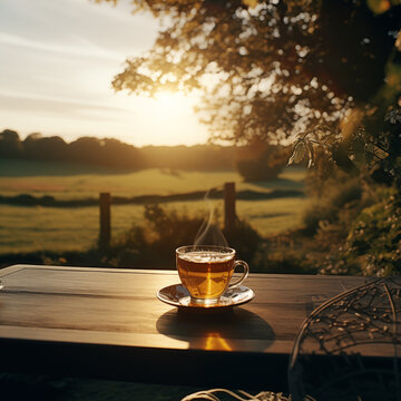 cup of tea in natural countryside setting.