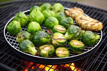 Obraz premium grill basket filled with brussels sprouts over charcoal