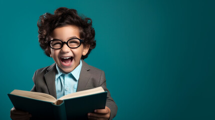 Little happy kid reading a book