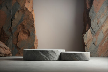 Minimalist scene with marble podium and stone wall background for product presentation display