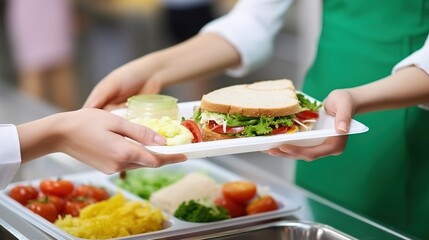 Hands of female volunteers holding plate with tasty sandwiches in kitchen, closeup