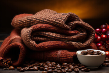Roasted coffee beans on the kitchen table with waffel napkins