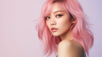 Radiant Young Asian Woman Portrait with Pastel Pink Hair: Perfect Smooth Skin on Matching Pastel Pink Background - Contemporary Beauty in Focus