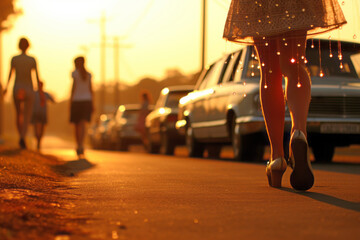 Fototapeta premium Radiant woman in mini skirt, walking happily in sunlit street
