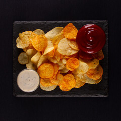 Salty and flavorful potato chips with creamy white and spicy red sauce on black table