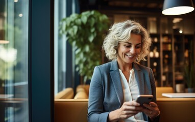 Mature smiling business woman using a mobile phone in an office