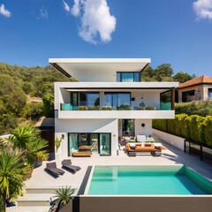 Fototapeta premium modern villa with open plan living and private bedroom wing with small terrace for relaxation - Generative AI