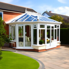 Contemporary sunroom or conservatory in the garden with a paved patio