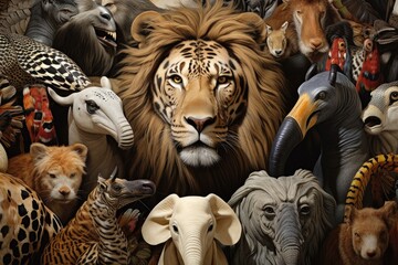 Animalistic collage depicting animals and their skins - obrazy, fototapety, plakaty
