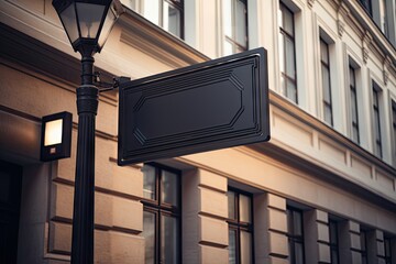 a large black sign hanging away from a building wall Generative AI