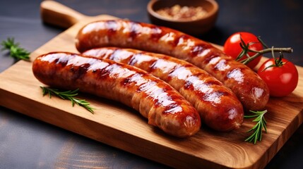 Grilled sausages on wooden cutting board with rosemary and tomatoes