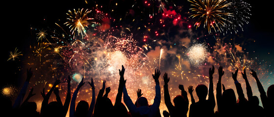 Crowd of people watching fireworks in the night sky with hands raised up, silhouette - obrazy, fototapety, plakaty