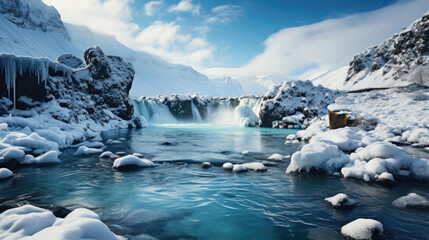 Icelandic waterfall in winter season. Panoramic image.