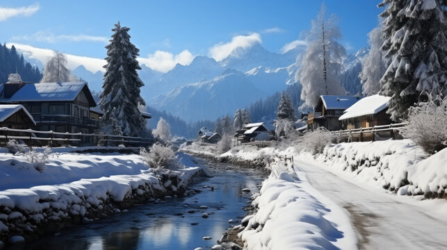 Winter landscape with snow covered alpine village and river in the mountains.