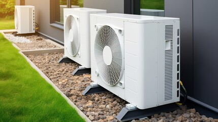 Air conditioners outside the house. Modern air conditioner outdoor. - obrazy, fototapety, plakaty