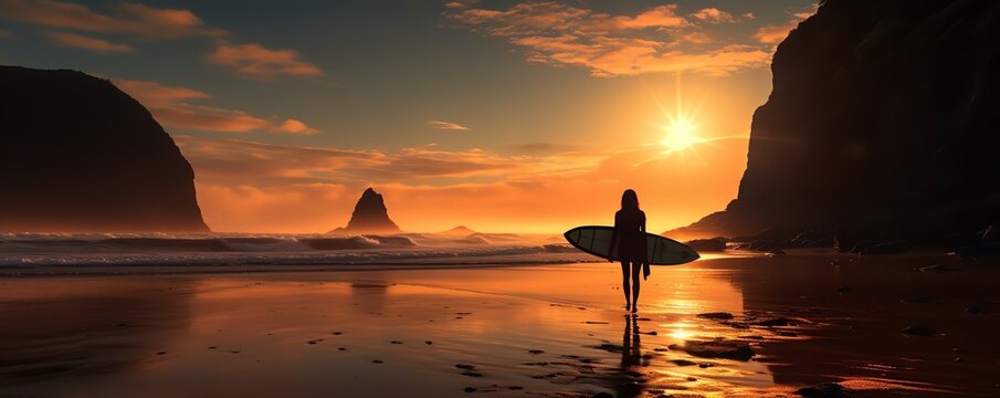 surfers on the beach at sunset created by ai