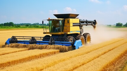 Combine harvester working on a wheat field. Agricultural machinery