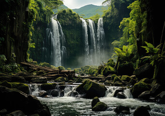 A Waterfall in Tropical Jungle Poster, Capturing the Lush Serenity and Flowing Elixir of Nature's Secluded Retreat, Crafted by Generative AI