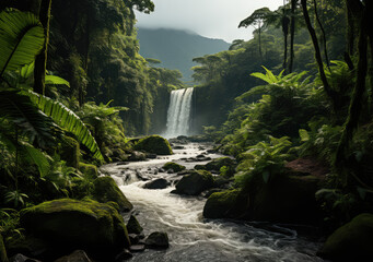 A Waterfall in Tropical Jungle Poster, Capturing the Lush Serenity and Flowing Elixir of Nature's Secluded Retreat, Crafted by Generative AI