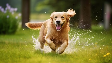 Golden Retriever running in the park on a sunny summer day