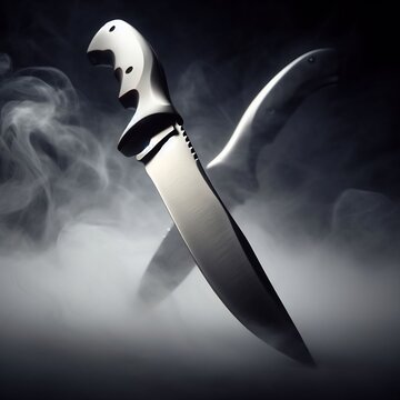 Two crossed sharp knives on a dark background with a white fog swirling