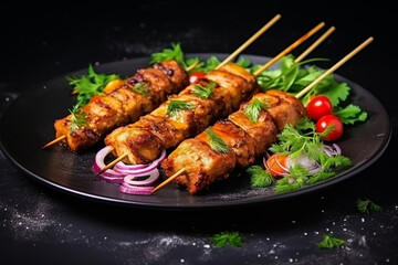 Catfish Kebab, Skewered Fish with Vegetables on a Dark Background - Created with generative AI tools