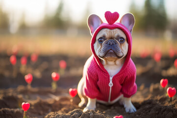 French bulldog wearing heart costume