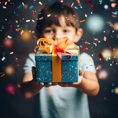 Kid hands holding gift or present box decorated confetti. Composition for Christmas - obrazy, fototapety, plakaty