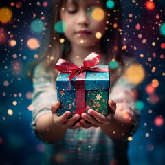 Kid hands holding gift or present box decorated confetti. Composition for Christmas - obrazy, fototapety, plakaty