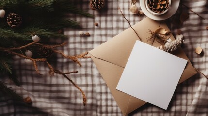 Cozy Winter Still Life with Christmas Mail, Dry Flowers, Coffee and Checkered Plaid Tablecloth