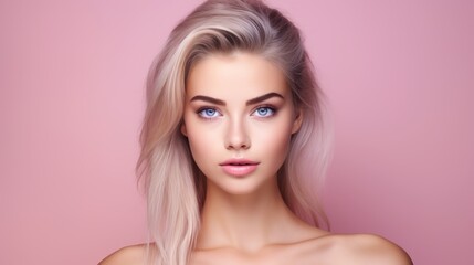 Graceful Young Woman Portrait: Perfect Smooth Skin on Pastel Pink Background - Timeless Beauty in Focus