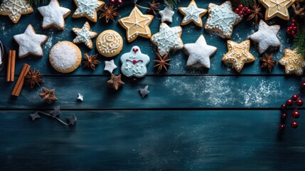 Fototapeta na wymiar Delicious Christmas Cookies: A Flat Lay on Dark Blue Wooden Table with Space for Text
