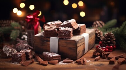 Delicious Christmas Fudge in Wooden Box on Vintage Table Background - obrazy, fototapety, plakaty