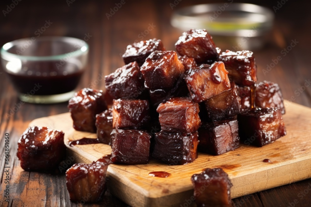 Sticker bbq burnt ends stacked on a rustic wooden board