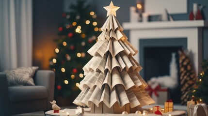 DIY Paper Christmas Tree: A Cozy and Creative Home Made Decoration from Newspaper or Magazine for the Perfect Celebratory Living Room Interier.