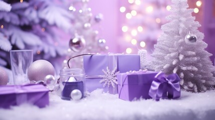 Fototapeta na wymiar Dreamy Purple Christmas Background with Scattered Ornaments