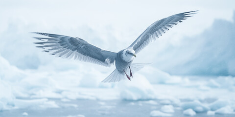 Seagull flying on the ice floe, Antarctic Peninsula - obrazy, fototapety, plakaty