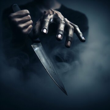 Knife held in a menacing way by creep hands, shady character bust, dark backdrop with swirling fog, copy space