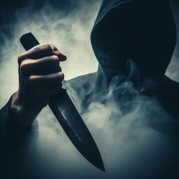 Knife held in a menacing way by creep hand, shady hooded character, dark backdrop with swirling fog